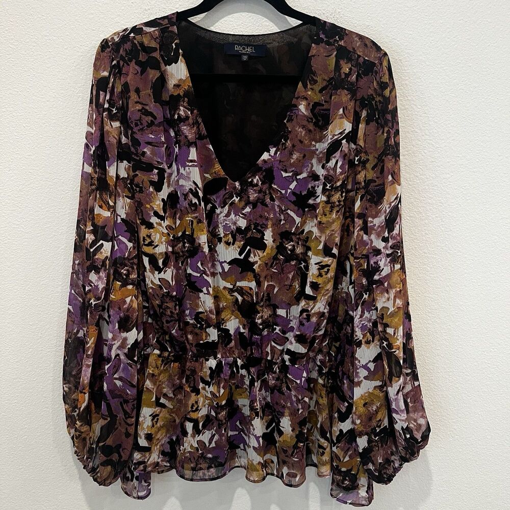 Rachel Roy Blouse Sz 2XL Floral Balloon Sleeve Elegant Modest Sheer Rushed